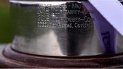 29 January 2022; A general view of names of some previous winners on the Dolores Tyrrell Memorial Cup, showing no winners for 2020 due to COVID-19, before the 2021 currentaccount.ie All-Ireland Ladies Senior Club Football Championship Final match between Mourneabbey and Kilkerrin-Clonberne at St Brendan's Park in Birr, Offaly. Photo by Piaras Ó Mídheach/Sportsfile