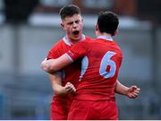 2 February 2022; Gavin Deering, left, and Hugh Quigley of CUS celebrate after their side's victory in the Bank of Ireland Vinnie Murray Cup 2nd Round match between The Kings Hospital, Dublin, and CUS, Dublin, at Energia Park in Dublin. Photo by Harry Murphy/Sportsfile
