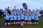 2 February 2022; The UCD team celebrate with the Kay Bowen cup after the final of the Maxol Kay Bowen Cup between UCD and NUI Galway at Barnhall RFC in Leixlip, Kildare, which saw UCD victorious in an exciting  50 – 0 win. Photo by Brendan Moran/Sportsfile