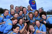 2 February 2022; The UCD team celebrate with the Kay Bowen cup after the final of the Maxol Kay Bowen Cup between UCD and NUI Galway at Barnhall RFC in Leixlip, Kildare, which saw UCD victorious in an exciting  50 – 0 win. Photo by Brendan Moran/Sportsfile