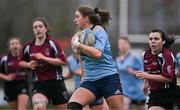 2 February 2022; Clare Gorman of UCD on the way to scoring her side's third try during the final of the Maxol Kay Bowen Cup between UCD and NUI Galway at Barnhall RFC in Leixlip, Kildare, which saw UCD victorious in an exciting  50 – 0 win. Photo by Brendan Moran/Sportsfile