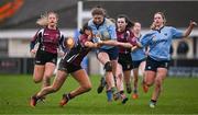 2 February 2022; Clare Gorman of UCD is tackled by Mia Williams of NUI Galway during the final of the Maxol Kay Bowen Cup between UCD and NUI Galway at Barnhall RFC in Leixlip, Kildare, which saw UCD victorious in an exciting  50 – 0 win. Photo by Brendan Moran/Sportsfile