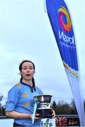 2 February 2022; UCD captain Alannah Boyle with the Kay Bowen cup after the final of the Maxol Kay Bowen Cup between UCD and NUI Galway at Barnhall RFC in Leixlip, Kildare, which saw UCD victorious in an exciting  50 – 0 win. Photo by Brendan Moran/Sportsfile