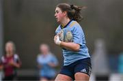 2 February 2022; Clare Gorman of UCD on the way to scoring her side's third try during the final of the Maxol Kay Bowen Cup between UCD and NUI Galway at Barnhall RFC in Leixlip, Kildare, which saw UCD victorious in an exciting  50 – 0 win. Photo by Brendan Moran/Sportsfile