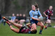 2 February 2022; Emma Kelly of UCD is tackled by Mia Williams of NUI Galway during the final of the Maxol Kay Bowen Cup between UCD and NUI Galway at Barnhall RFC in Leixlip, Kildare, which saw UCD victorious in an exciting  50 – 0 win. Photo by Brendan Moran/Sportsfile