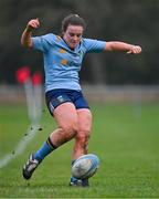 2 February 2022; Emma Kelly of UCD kicks a conversion during the final of the Maxol Kay Bowen Cup between UCD and NUI Galway at Barnhall RFC in Leixlip, Kildare, which saw UCD victorious in an exciting  50 – 0 win. Photo by Brendan Moran/Sportsfile