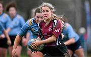 2 February 2022; Elli Mae Maguire of NUI Galway in action against Emma Kelly of UCD during the final of the Maxol Kay Bowen Cup between UCD and NUI Galway at Barnhall RFC in Leixlip, Kildare, which saw UCD victorious in an exciting  50 – 0 win. Photo by Brendan Moran/Sportsfile