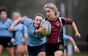 2 February 2022; Elli Mae Maguire of NUI Galway in action against Emma Kelly of UCD during the final of the Maxol Kay Bowen Cup between UCD and NUI Galway at Barnhall RFC in Leixlip, Kildare, which saw UCD victorious in an exciting  50 – 0 win. Photo by Brendan Moran/Sportsfile