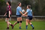 2 February 2022; Clare Gorman of UCD, left, celebrates with teammate Emma Kelly after scoring a try during the final of the Maxol Kay Bowen Cup between UCD and NUI Galway at Barnhall RFC in Leixlip, Kildare, which saw UCD victorious in an exciting  50 – 0 win. Photo by Brendan Moran/Sportsfile
