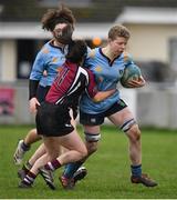 2 February 2022; Emma Costello of UCD is tackled by Sarah Cousins of NUI Galway during the final of the Maxol Kay Bowen Cup between UCD and NUI Galway at Barnhall RFC in Leixlip, Kildare, which saw UCD victorious in an exciting  50 – 0 win. Photo by Brendan Moran/Sportsfile