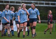 2 February 2022; UCD players, from left, Emma Costello, Anna Kavanagh and Clare Gorman after the final of the Maxol Kay Bowen Cup between UCD and NUI Galway at Barnhall RFC in Leixlip, Kildare, which saw UCD victorious in an exciting  50 – 0 win. Photo by Brendan Moran/Sportsfile