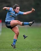 2 February 2022; Emma Kelly of UCD kicks a conversion during the final of the Maxol Kay Bowen Cup between UCD and NUI Galway at Barnhall RFC in Leixlip, Kildare, which saw UCD victorious in an exciting  50 – 0 win. Photo by Brendan Moran/Sportsfile