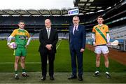 3 February 2022; Footballer Pa Riordan of Gneeveguilla, Kerry, left, pictured alongside Colin Hunt, Chief Executive Officer, AIB, Larry McCarthy, Uachtarán Chumann Lúthchleas Gael, and hurler Flor McCarthy of Kilmoyley, Kerry, ahead of #TheToughest AIB GAA Club Championship showdowns of the year, which get underway at Croke Park this weekend. Four AIB GAA Club Championship finals will be decided at Croke Park. On Saturday, February 5th, the AIB GAA Hurling All-Ireland Junior and Intermediate Club Championship finals will take centre stage, with Ballygiblin, Cork, taking on Mooncoin, Kilkenny, in the AIB GAA Hurling All-Ireland Junior Club Championship at 3pm while in the Intermediate decider, Kilmoyley, Kerry, faces Naas Hurling Club, Kildare, at 5pm. On Sunday, it’s the turn of the AIB GAA Football All-Ireland Junior and Intermediate Club Championship finals. First up is the Junior final where Mayo’s Kilmeena face Gneeveguilla of Kerry at 1:30pm. In the Intermediate final, Trim GAA, Meath, meet Steelstown Brian Óg’s, Derry, at 3.30pm. All four games will be streamed online on Spórt TG4 YouTube (https://www.youtube.com/c/SportTG4), while tickets are also available on https://www.gaa.ie/tickets/. This year’s AIB Club Championships celebrate #TheToughest players in Gaelic Games - those who, despite adversity, don’t quit, who persevere no matter how tough it gets, because Tough Can’t Quit. Photo by Stephen McCarthy/Sportsfile