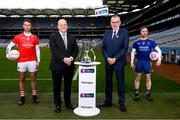 3 February 2022; Footballer Alan Douglas of Trim, Meath, left, pictured alongside Colin Hunt, Chief Executive Officer, AIB, Larry McCarthy, Uachtarán Chumann Lúthchleas Gael, and footballer, Neil Forester of Steelstown Brian Ógs, Derry, ahead of one of #TheToughest showdowns of the year, which sees Trim facing off against Steelstown Brian Ógs of Derry in the AIB GAA Football All-Ireland Intermediate Club Championship Final this Sunday, February 6th at 3.30pm. This is one of four AIB GAA Club Championship finals which will be decided at Croke Park this weekend, with Kilmeena, Mayo, taking on Gneeveguilla, Kerry, at 1.30pm on Sunday in the AIB GAA Football All-Ireland Intermediate Club Championship Final. On Saturday, the AIB GAA Hurling All-Ireland Junior and Intermediate Club Championship finals will take centre stage, with Ballygiblin, Cork, taking on Mooncoin, Kilkenny in the AIB GAA Hurling All-Ireland Junior Club Championship at 3.00pm while in the Intermediate decider, Kilmoyley, Kerry, face Naas, Kildare, at 5.00pm. All four games will be streamed online on Spórt TG4 YouTube (https://www.youtube.com/c/SportTG4), while tickets are also available on https://www.gaa.ie/tickets/. This year’s AIB Club Championships celebrate #TheToughest players in Gaelic Games - those who, despite adversity, don’t quit, who persevere no matter how tough it gets, because Tough Can’t Quit. Photo by Stephen McCarthy/Sportsfile