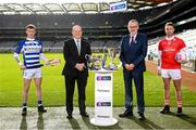 3 February 2022; Hurler Brian Byrne of Naas Hurling Club  pictured alongside Colin Hunt, CEO AIB, Larry McCarthy, Uachtarán Chumann Lúthchleas Gael, and footballer Alan Douglas, Trim, Meath, ahead of #TheToughest AIB GAA Club Championship showdowns of the year, which get underway at Croke Park this weekend. Four AIB GAA Club Championship finals will be decided at Croke Park. On Saturday, February 5th, the AIB GAA Hurling All-Ireland Junior and Intermediate Club Championship finals will take centre stage, with Ballygiblin, Cork, taking on Mooncoin, Kilkenny, in the AIB GAA Hurling All-Ireland Junior Club Championship at 3pm while in the Intermediate decider, Kilmoyley, Kerry, faces Naas Hurling Club, Kildare, at 5pm. On Sunday, it’s the turn of the AIB GAA Football All-Ireland Junior and Intermediate Club Championship finals. First up is the Junior final where Mayo’s Kilmeena face Gneeveguilla of Kerry at 1:30pm. In the Intermediate final, Trim GAA, Meath, meet Steelstown Brian Óg’s, Derry, at 3.30pm. All four games will be streamed online on Spórt TG4 YouTube (https://www.youtube.com/c/SportTG4), while tickets are also available on https://www.gaa.ie/tickets/. This year’s AIB Club Championships celebrate #TheToughest players in Gaelic Games - those who, despite adversity, don’t quit, who persevere no matter how tough it gets, because Tough Can’t Quit. Photo by Stephen McCarthy/Sportsfile