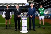 3 February 2022; Footballer Jack Carney of Kilmeena, Mayo,  pictured alongside Colin Hunt, CEO AIB, Larry McCarthy, Uachtarán Chumann Lúthchleas Gael, and hurler Martin O’Neill of Mooncoin, Kilkenny, ahead of #TheToughest AIB GAA Club Championship showdowns of the year, which get underway at Croke Park this weekend. Four AIB GAA Club Championship finals will be decided at Croke Park. On Saturday, February 5th, the AIB GAA Hurling All-Ireland Junior and Intermediate Club Championship finals will take centre stage, with Ballygiblin, Cork, taking on Mooncoin, Kilkenny, in the AIB GAA Hurling All-Ireland Junior Club Championship at 3pm while in the Intermediate decider, Kilmoyley, Kerry, faces Naas Hurling Club, Kildare, at 5pm. On Sunday, it’s the turn of the AIB GAA Football All-Ireland Junior and Intermediate Club Championship finals. First up is the Junior final where Mayo’s Kilmeena face Gneeveguilla of Kerry at 1:30pm. In the Intermediate final, Trim GAA, Meath, meet Steelstown Brian Óg’s, Derry, at 3.30pm. All four games will be streamed online on Spórt TG4 YouTube (https://www.youtube.com/c/SportTG4), while tickets are also available on https://www.gaa.ie/tickets/. This year’s AIB Club Championships celebrate #TheToughest players in Gaelic Games - those who, despite adversity, don’t quit, who persevere no matter how tough it gets, because Tough Can’t Quit. Photo by Stephen McCarthy/Sportsfile