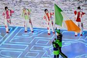 4 February 2022: Team Ireland flagbearers Brendan Newby, right, and Elsa Desmond carry the Irish tricolour ahead of their teammates during the opening ceremony of the Beijing 2022 Winter Olympic Games at National Stadium in Beijing, China. Photo by Ramsey Cardy/Sportsfile