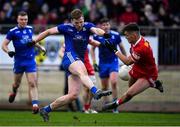 30 January 2022; Kieran Duffy of Monaghan in action against Michael McKernan of Tyrone during the Allianz Football League Division 1 match between Tyrone and Monaghan at O'Neill's Healy Park in Omagh, Tyrone. Photo by Brendan Moran/Sportsfile