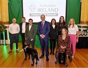 4 February 2022; An Taoiseach Micheál Martin TD, centre, with President of Paralympics Ireland Eimear Breathnach, right, and Cycling athletes, from left, Eamonn Byrne, Gary O'Reilly, Martin Gordon, Katie-George Dunlevy, Eve McCrystal and Richael Timothy during the Paralympics Ireland Tokyo 2020 Awards at Dublin Castle in Dublin. Photo by David Fitzgerald/Sportsfile
