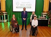4 February 2022; An Taoiseach Micheál Martin TD, centre, with President of Paralympics Ireland Eimear Breathnach, left, and Equestrian athletes Rosemary Gaffney and Michael Murphy during the Paralympics Ireland Tokyo 2020 Awards at Dublin Castle in Dublin. Photo by David Fitzgerald/Sportsfile