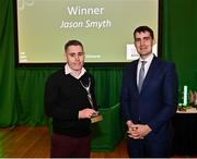 4 February 2022; Minister of State for Sport and the Gaeltacht Jack Chambers presents Jason Smyth with his Outstanding Male Performance award during the Paralympics Ireland Tokyo 2020 Awards at Dublin Castle in Dublin. Photo by David Fitzgerald/Sportsfile