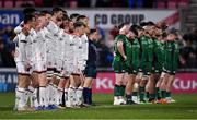 4 February 2022; The teams stand for a minute's silence in memory of the late Tom Kiernan before the United Rugby Championship match between Ulster and Connacht at Kingspan Stadium in Belfast. Photo by Brendan Moran/Sportsfile