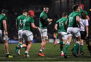 4 February 2022; Mark Morrissey of Ireland, centre, celebrates after scoring his side's third try during the U20 Six Nations Rugby Championship match between Ireland and Wales at Musgrave Park in Cork. Photo by Piaras Ó Mídheach/Sportsfile