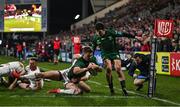 4 February 2022; Oran McNulty of Connacht scores his side's first try during the United Rugby Championship match between Ulster and Connacht at Kingspan Stadium in Belfast. Photo by Brendan Moran/Sportsfile