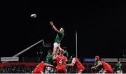 4 February 2022; Mark Morrissey of Ireland wins possession in the line out during the U20 Six Nations Rugby Championship match between Ireland and Wales at Musgrave Park in Cork. Photo by Piaras Ó Mídheach/Sportsfile