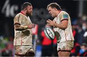 4 February 2022; Ulster hooker Declan Moore, right, gets the lineout call from teammate Andrew Warwick during the United Rugby Championship match between Ulster and Connacht at Kingspan Stadium in Belfast. Photo by Brendan Moran/Sportsfile