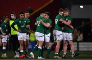 4 February 2022; Ireland players Ben Brownlee (12) and Shane Mallon celebrate after their side's victory in the U20 Six Nations Rugby Championship match between Ireland and Wales at Musgrave Park in Cork. Photo by Piaras Ó Mídheach/Sportsfile