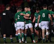4 February 2022; Ireland players Ben Brownlee and James McCormick (2) celebrate after their side's victory in the U20 Six Nations Rugby Championship match between Ireland and Wales at Musgrave Park in Cork. Photo by Piaras Ó Mídheach/Sportsfile