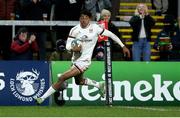 4 February 2022; Robert Baloucoune of Ulster scores his side's third try during the United Rugby Championship match between Ulster and Connacht at Kingspan Stadium in Belfast. Photo by John Dickson/Sportsfile