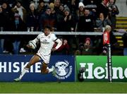 4 February 2022; Robert Baloucoune of Ulster scores his side's third try during the United Rugby Championship match between Ulster and Connacht at Kingspan Stadium in Belfast. Photo by John Dickson/Sportsfile