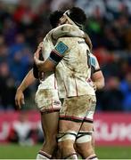 4 February 2022; Robert Baloucoune of Ulster is congratulated by teammate Greg Jones after scoring his side's third try during the United Rugby Championship match between Ulster and Connacht at Kingspan Stadium in Belfast. Photo by John Dickson/Sportsfile