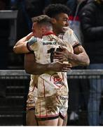 4 February 2022; Robert Baloucoune of Ulster celebrates with teammate Michael Lowry after scoring their side's final try during the United Rugby Championship match between Ulster and Connacht at Kingspan Stadium in Belfast. Photo by Brendan Moran/Sportsfile
