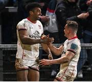 4 February 2022; Robert Baloucoune of Ulster celebrates with teammate Michael Lowry after scoring their side's final try during the United Rugby Championship match between Ulster and Connacht at Kingspan Stadium in Belfast. Photo by Brendan Moran/Sportsfile