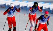 5 February 2022: Xin Li of China, left,  Lydia Hiernickel of Switzerland and Chunxue Chi of China during the Women's 7.5km + 7.5km Skiathlon event on day one of the Beijing 2022 Winter Olympic Games at National Cross Country Skiing Centre in Zhangjiakou, China. Photo by Ramsey Cardy/Sportsfile