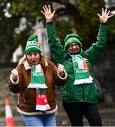 5 February 2022; Ireland supporters Siobhan Kerr Molloy, left, and Maria Fitzpatrick from Galway arrive before the Guinness Six Nations Rugby Championship match between Ireland and Wales at the Aviva Stadium in Dublin. Photo by David Fitzgerald/Sportsfile
