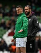 5 February 2022; Ireland captain Jonathan Sexton, left, and Ireland head coach Andy Farrell in conversation before the Guinness Six Nations Rugby Championship match between Ireland and Wales at the Aviva Stadium in Dublin. Photo by Brendan Moran/Sportsfile