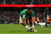 5 February 2022; Bundee Aki of Ireland scores his side's first try during the Guinness Six Nations Rugby Championship match between Ireland and Wales at the Aviva Stadium in Dublin. Photo by Harry Murphy/Sportsfile