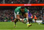 5 February 2022; Bundee Aki of Ireland scores his side's first try during the Guinness Six Nations Rugby Championship match between Ireland and Wales at the Aviva Stadium in Dublin. Photo by Harry Murphy/Sportsfile