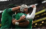 5 February 2022; Mack Hansen of Ireland, centre, celebrates with teammates after Bundee Aki scored their side's first try during the Guinness Six Nations Rugby Championship match between Ireland and Wales at the Aviva Stadium in Dublin. Photo by Harry Murphy/Sportsfile