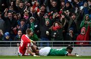 5 February 2022; Ireland supporters celebrate as Bundee Aki of Ireland scores his side's first try during the Guinness Six Nations Rugby Championship match between Ireland and Wales at the Aviva Stadium in Dublin. Photo by David Fitzgerald/Sportsfile