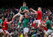 5 February 2022; Garry Ringrose of Ireland wins possession ahead of Johnny McNicholl of Wales during the Guinness Six Nations Rugby Championship match between Ireland and Wales at the Aviva Stadium in Dublin. Photo by Brendan Moran/Sportsfile