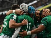 5 February 2022; Ireland players, including Jamison Gibson Park, second from right, celebrate their side's first try, scored by Bundee Aki, right, during the Guinness Six Nations Rugby Championship match between Ireland and Wales at the Aviva Stadium in Dublin. Photo by Harry Murphy/Sportsfile