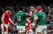 5 February 2022; Jack Conan of Ireland, second from right, is congratulated by teammates Bundee Aki, left, and Josh van der Flier after winning a turn over during the Guinness Six Nations Rugby Championship match between Ireland and Wales at the Aviva Stadium in Dublin. Photo by Brendan Moran/Sportsfile