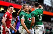 5 February 2022; Andrew Conway of Ireland, second from left, celebrates with teammates Jamison Gibson Park, second from right, and Hugo Keenan, right, after scoring their side's second try during the Guinness Six Nations Rugby Championship match between Ireland and Wales at the Aviva Stadium in Dublin. Photo by Brendan Moran/Sportsfile