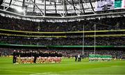 5 February 2022; Both teams stand for a minute's silence in memory of the late Tom Kiernan during the Guinness Six Nations Rugby Championship match between Ireland and Wales at the Aviva Stadium in Dublin. Photo by Harry Murphy/Sportsfile
