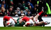 5 February 2022; Andrew Conway of Ireland scores his side's second try during the Guinness Six Nations Rugby Championship match between Ireland and Wales at the Aviva Stadium in Dublin. Photo by David Fitzgerald/Sportsfile